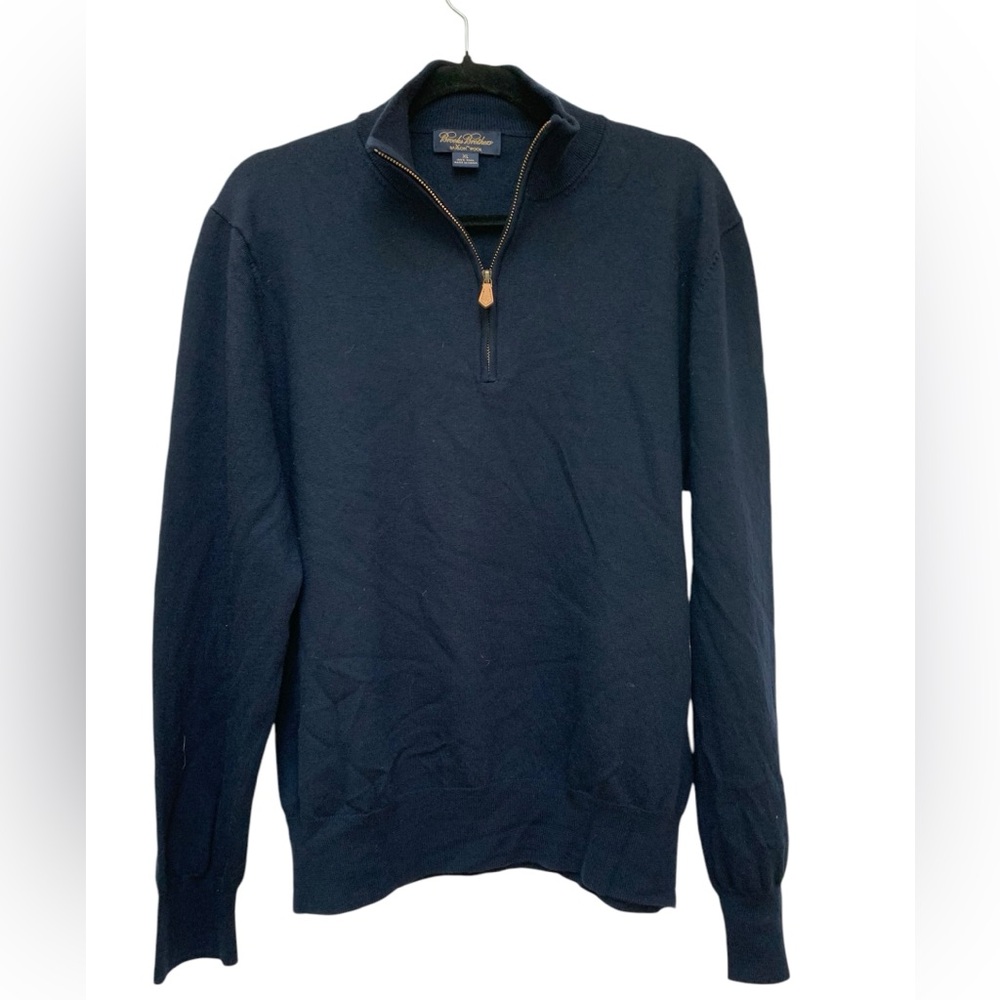 Brooks Brothers Navy Blue Saxon Wool Quarter Zip Up Sweater with Ribbed Collar